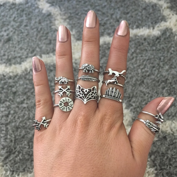 12-piece Zodiac Symbols Fox Cat Silver Ring Set - Picture 6 of 8